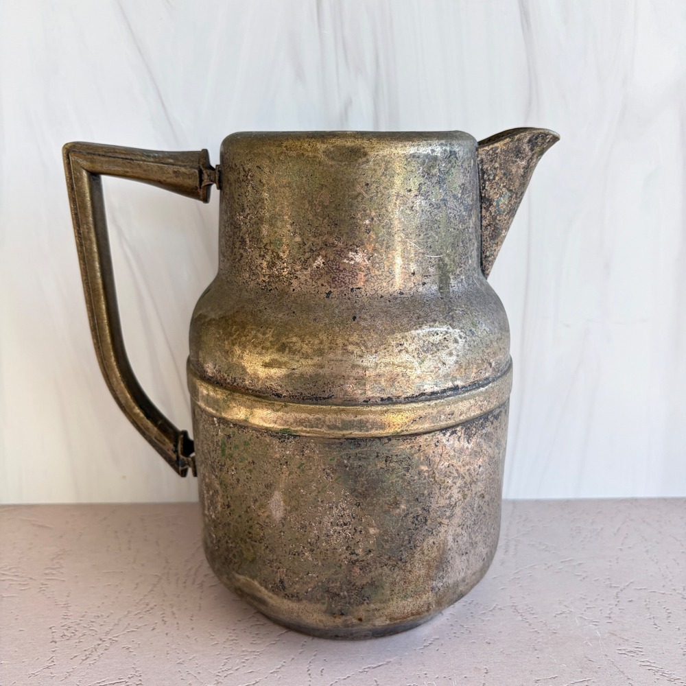 Vintage Brass Pitcher with Heavy Patina Rustic Industrial Farmhouse Decor 8.5in